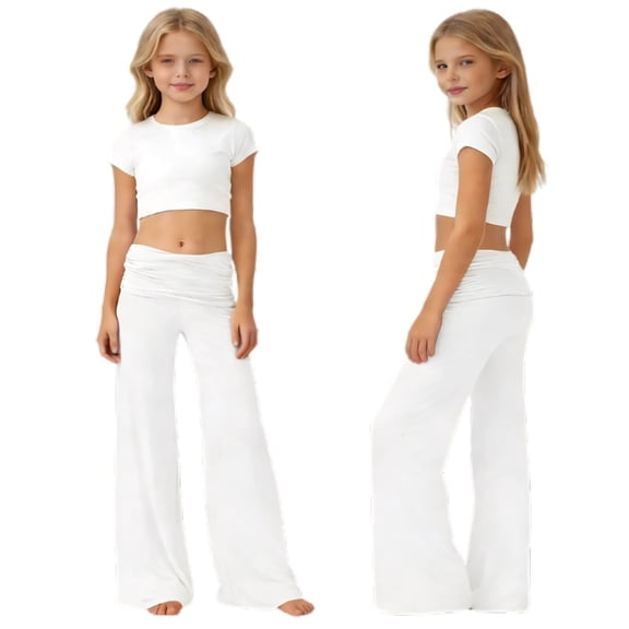 XXWXYD Girls Fold Over Yoga Pants Y2K Wide Leg Flared Leggings Foldover Low Waist Stretch Bell Bottoms Kids Cute Flowy Bootcut Pants Children's Girl Casual Pants