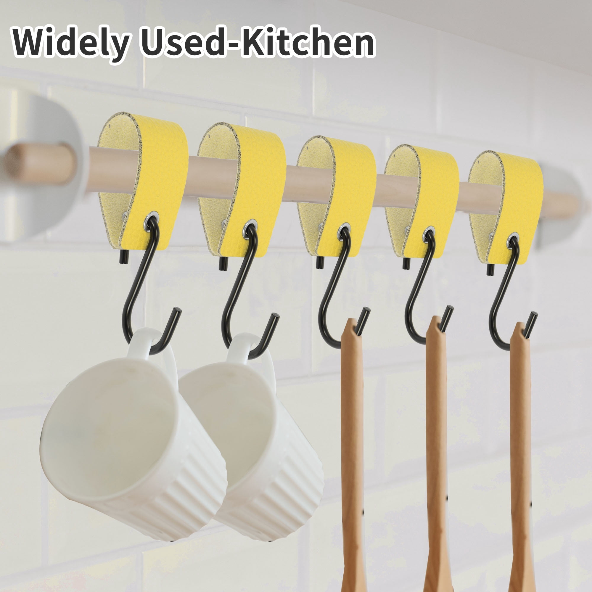 Unique Bargains Pack of 5 S Hooks with Leather Loop for Wardrobe Yellow