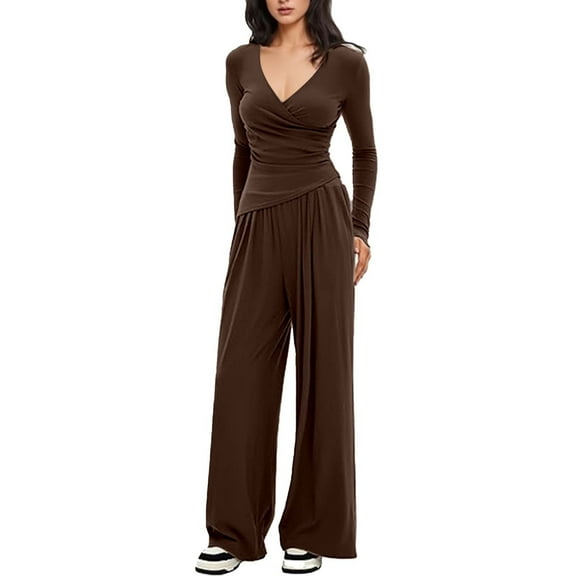 Women's 2-Piece Lounge Sets Wrap V-Neck Top Wide Leg Pants Stretchy Casual Fall Winter Outfits Tracksuits Wine L