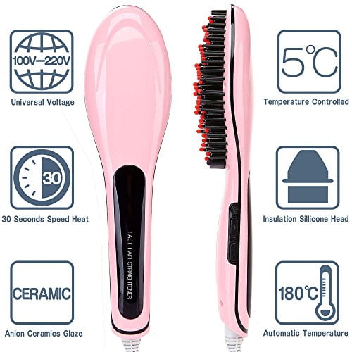 HeyBeauty Tourmaline Ceramic Simply Hair Brush Straightener,Massage Detangling Hair Brush Instant Heating Anti Scald/Anti Static Hair Straightener,LED Display,Silky Straight Styling Iron,Pink