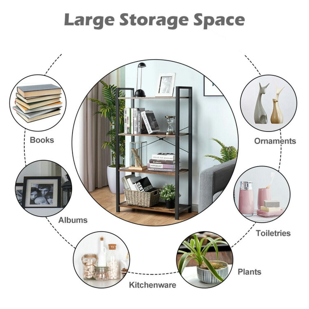 Demi Bonn 4-Tier Rustic Bookshelf,dustrial Bookcase Diaplay Shelf Storage Rack, Brown