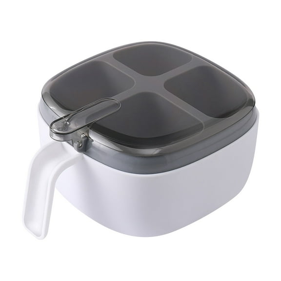 4-Compartment Seasoning Organizer with Spoons & Lid – Easy Clean Condiment Storage for Salt, Sugar, Pepper, Herbs – Kitchen Counter & Pantry Spice Container with Handle