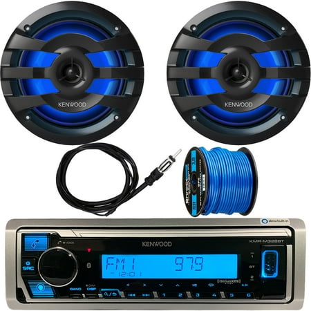 Kenwood KMR-M328BT Single DIN Marine/MotorSports SiriusXM Ready USB Bluetooth Digital Media Receiver, 2x 6.75" 2-Way 260 Watts Max Power Marine Black LED Speakers, Antenna, Speaker Wire