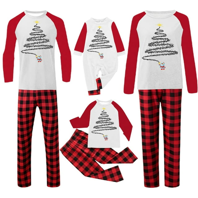 Pyjamas de Noël pour Famille Pyjamas Assortis Famille Pâques Noël Nom Assorti Manches Courtes Bonhomme de Neige à Carreaux Rouge G