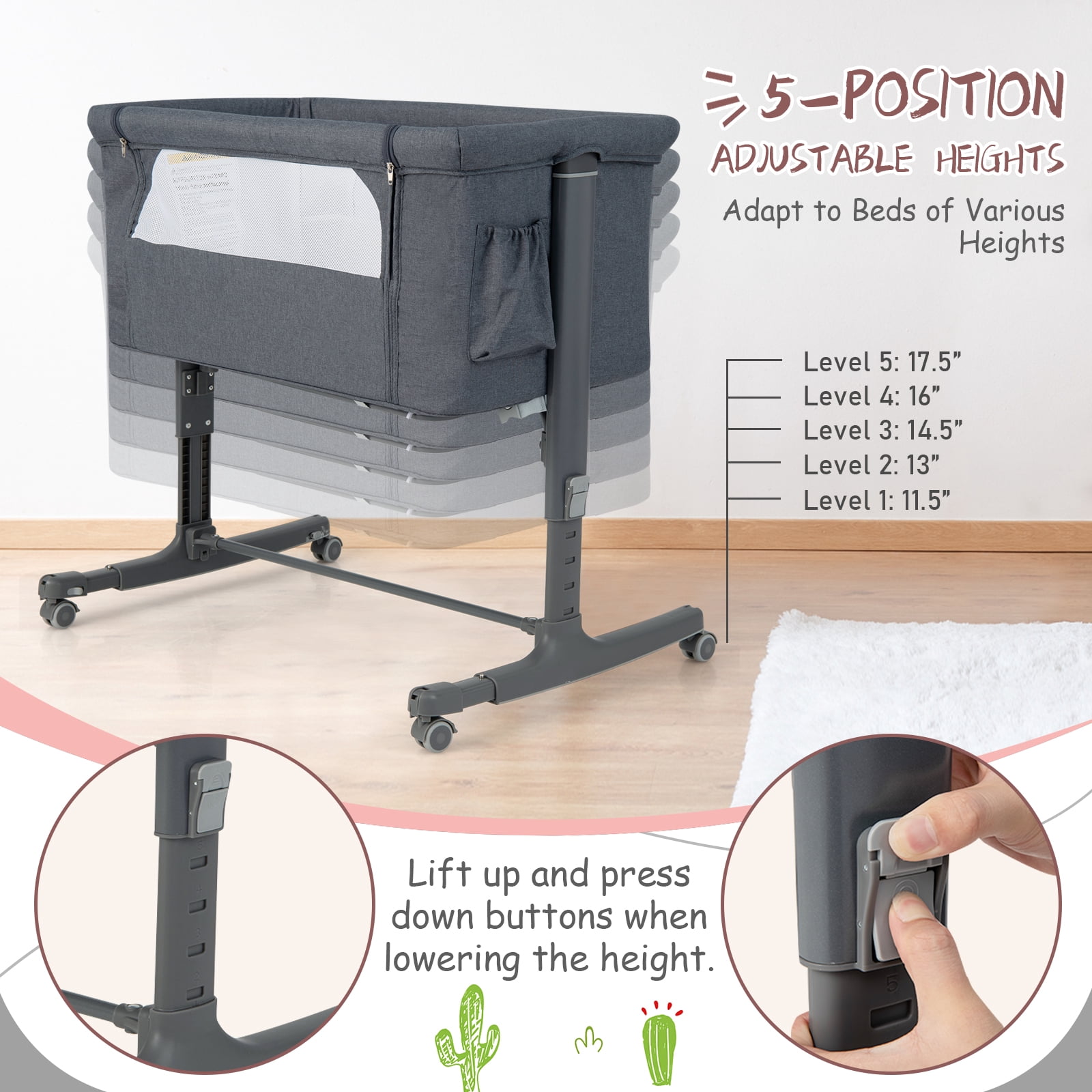 Babyjoy 3-in-1 Baby Bassinet Beside Sleeper Crib with 5-Level Adjustable Heights Gray