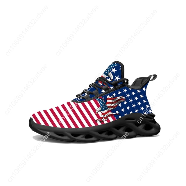 Zapatillas deportivas planas con bandera de EE. UU., rojas, azules y blancas, para hombre y mujer, con cordones y malla, hechas a medida.
