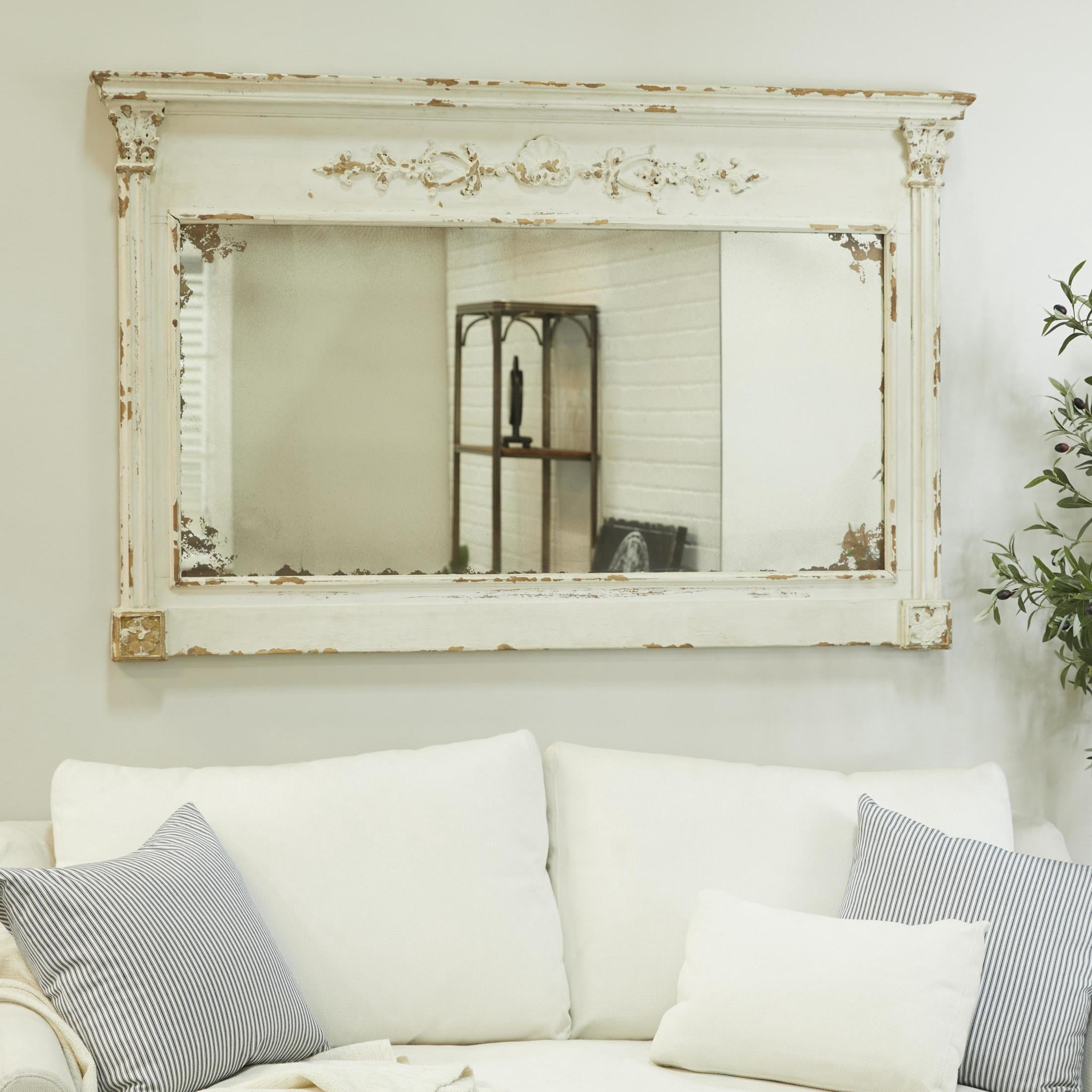 DecMode 59" x 36" Cream Carved Floral Wall Mirror with Distressing