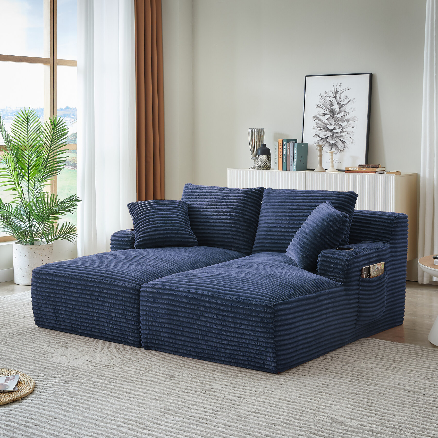 71" Oversized Double Chaise Lounges Indoor, Upholstered Corduroy Sofa Bed with Dual Cup Holders, Sectional Sleeper Loveseat for Living Room, Blue