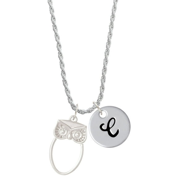 Delight Jewelry Silvertone Large Owl Outline Silvertone Script Initial Disc - C - Charm Necklace, 20"+3"