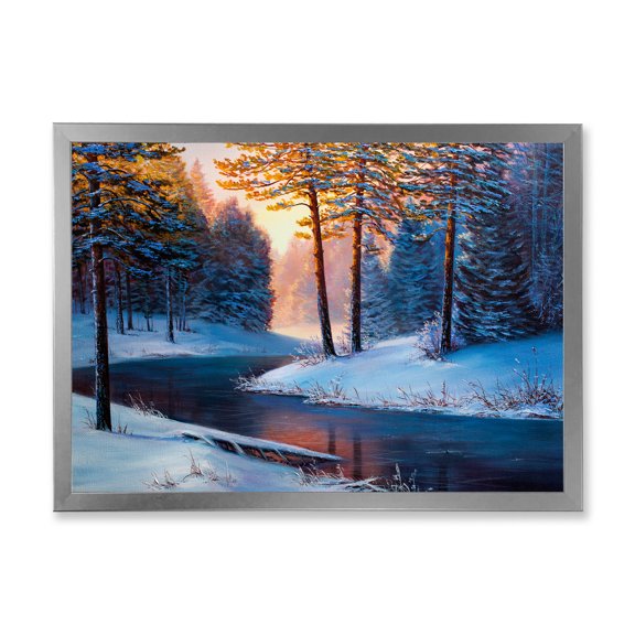 Designart 'Morning Glow Through The Christmas Forest By The River' Lake House Framed Art Print
