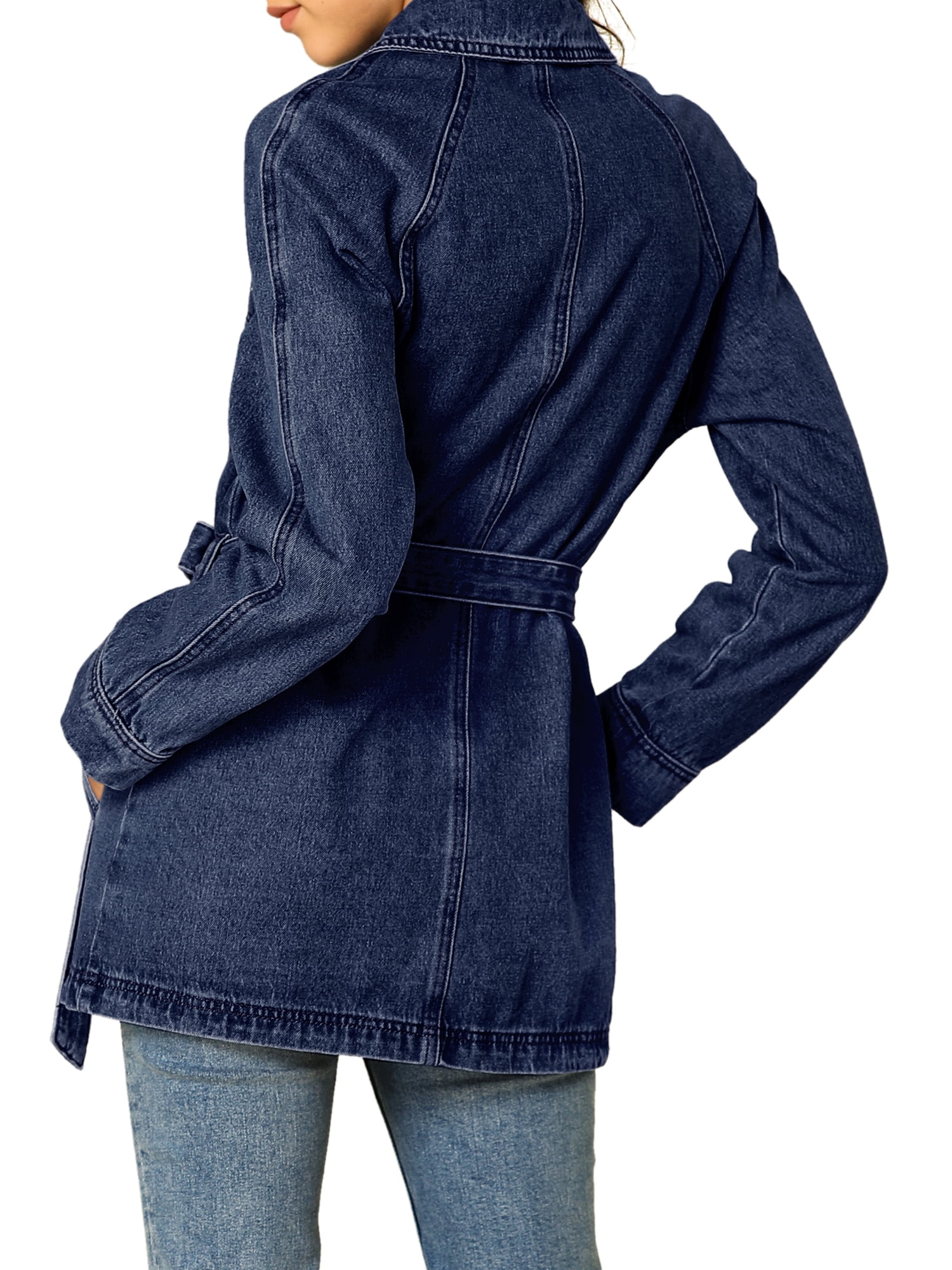 DARING DIVA Woman's Boyfriend Tie Waist Denim Jacket with Pockets L Dark Blue