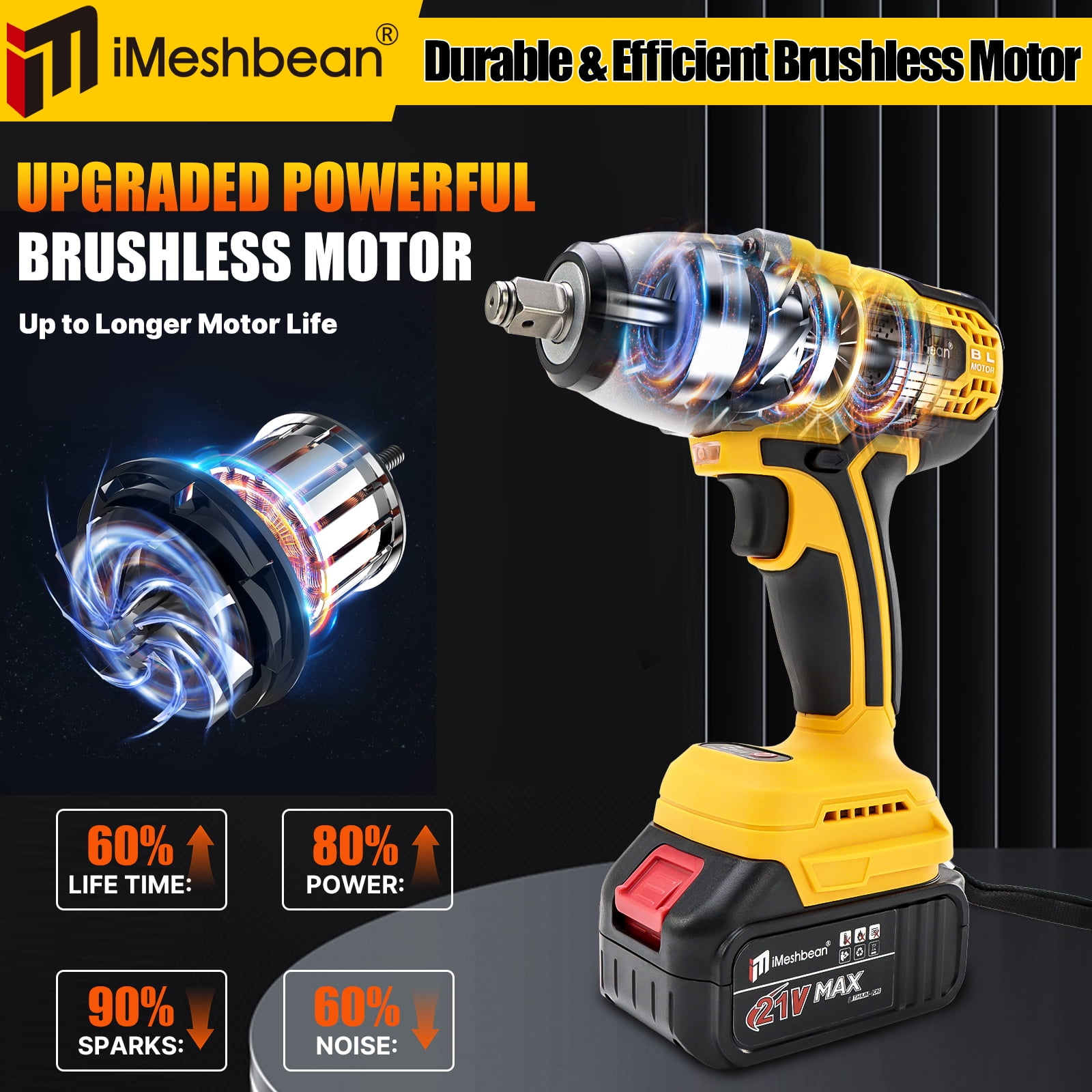 iMeshbean 1/2" Cordless Electric Impact Wrench Brushless Motor High Power Driver W/ 21V Li-ion Battery Fit For Dewalt