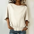 thumbnail image 2 of Linen Blouses for Women Boat Neck Half Sleeve Tops Solid Color T Shirts Loose Fit Summer Casual Tops Trendy Elastic Hem Blouse, 2 of 9