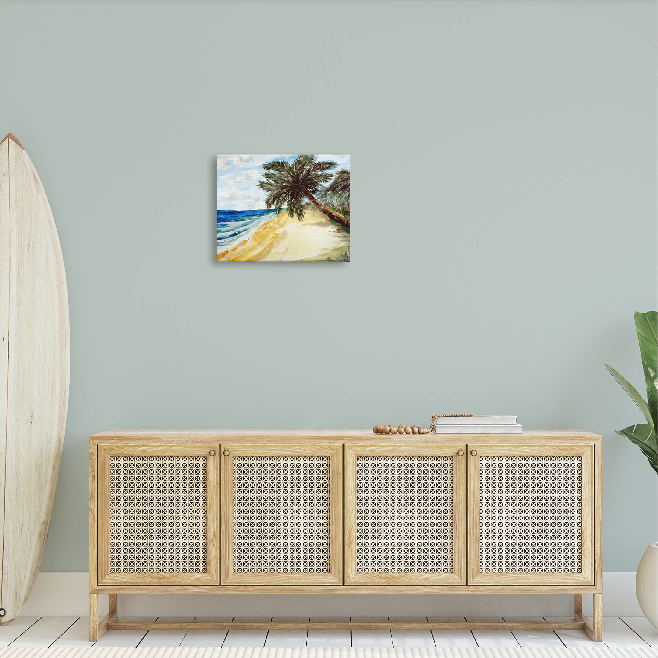 Summer Palm Overhanging Beach Coastal Painting Gallery Wrapped Canvas Print Wall Art