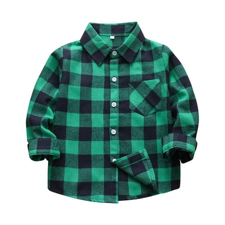 

EHTMSAK Infant Baby Boy Cotton Plaid Shirts Toddler Child High Neck Long Sleeve Button Up Jackets Fall Winter Pockets Outerwear Green 130