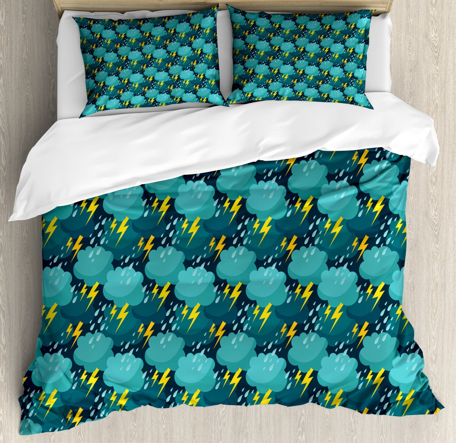 Blue and Yellow King Size Duvet Cover Set, Wet Autumn Weather Heavy
