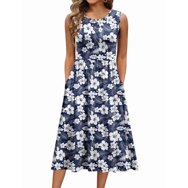 Vestido midi Zeagoo Summer Floral Aline Swing sin mangas para mujer