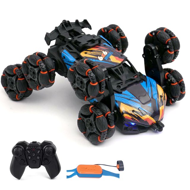 Voiture Cascade RC à 8 Roues en Alliage Orange et Bleu avec Pulvérisation, Lumières LED et Musique - Télécommande 2,4 GHz et Double Commande de Montre, Autonomie 30-50 m, Pile Rechargeable 3,7 V 500 mAh, Autonomie 20-25 Min - Jouet Électrique pour Enfants