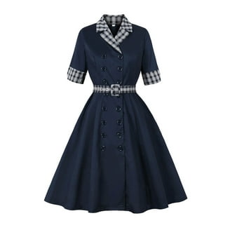 dark blue silk dress long Navy Button Collared Dress
