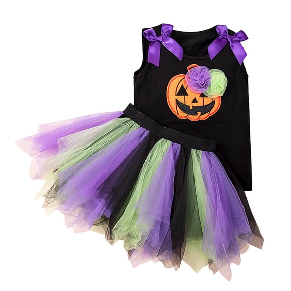HAYIMI Girls Halloween Matching Outfit Sets Pumpkin Skeleton Tank Tops Layered Skirt Toddler Kids Party Fancy Dress Up Two Piece Clothes Sets Stylish Clothing Sets