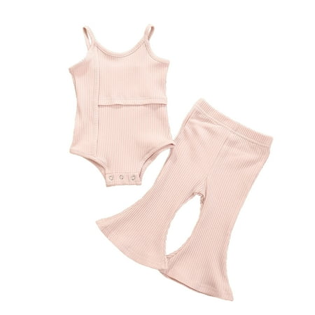 

Toddler Kids Baby Girls Solid Ribbed Suspender Vest Flared Pants Outfits Set