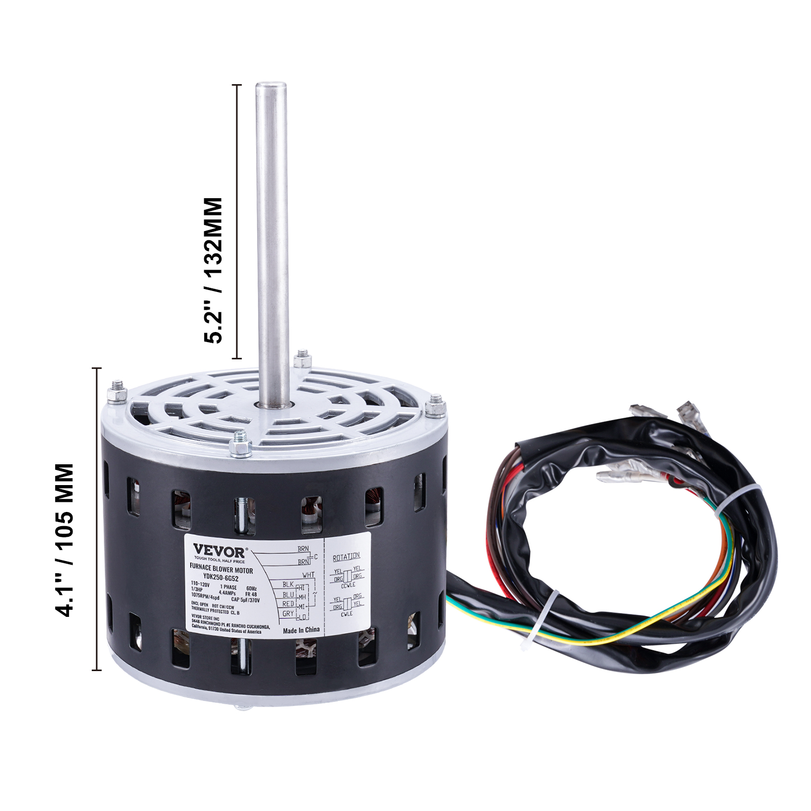 VEVOR 1/3HP Furnace Blower Motor, 110/120V 4.4Amps, 1075RPM 4 Speeds, CW/CCW Rotation, 48 Frame 5.2" Shaft Length, 5μF/370V Capacitor + 11" Hold Hoop
