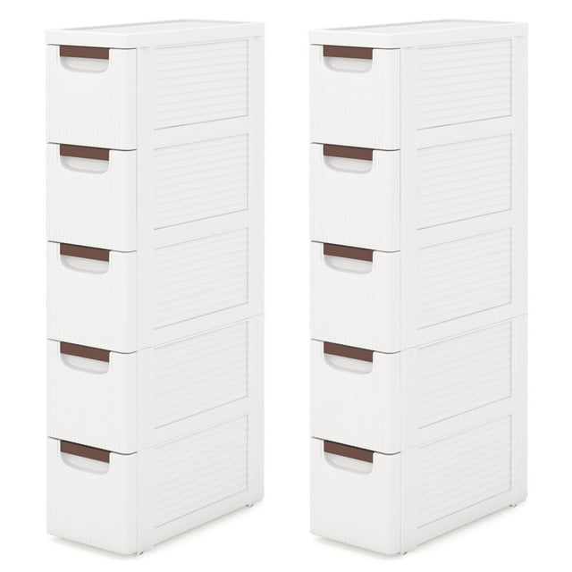 Gymax 2PCS 5-Drawer Narrow Rolling Storage Cabinet w/ Pull Handles Built-in Wheels