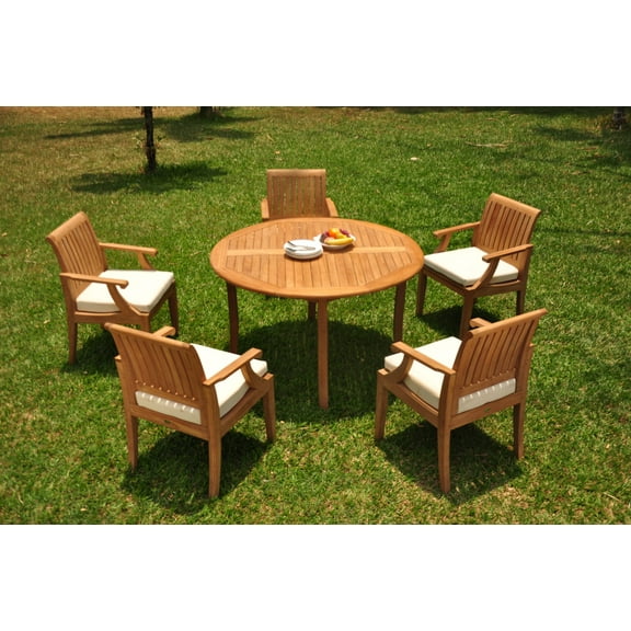 Grade-A Teak Dining Set: 5 Seater 6 Pc: 52" Round Table And 5 Lagos Arm Chairs Outdoor Patio WholesaleTeak #WMLGl