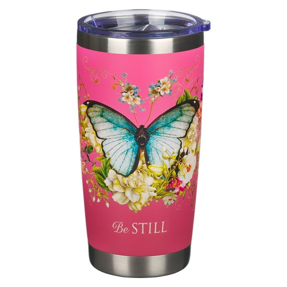 Christian Art Gifts Stainless Steel Floral Butterfly Pink Travel Mug for Women: Be Still - Psalm 46:10 Inspirational Scr, (Hardcover)