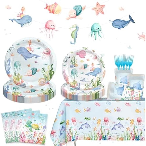 Under the Sea Party Decorations – 102 PCs Sea Themed Party Supplies with Banner, Tablecloth, Dinner Plates, Dessert Plates, Paper Napkins, Cups, Forks$$Home Decor, Kitchen, & Other