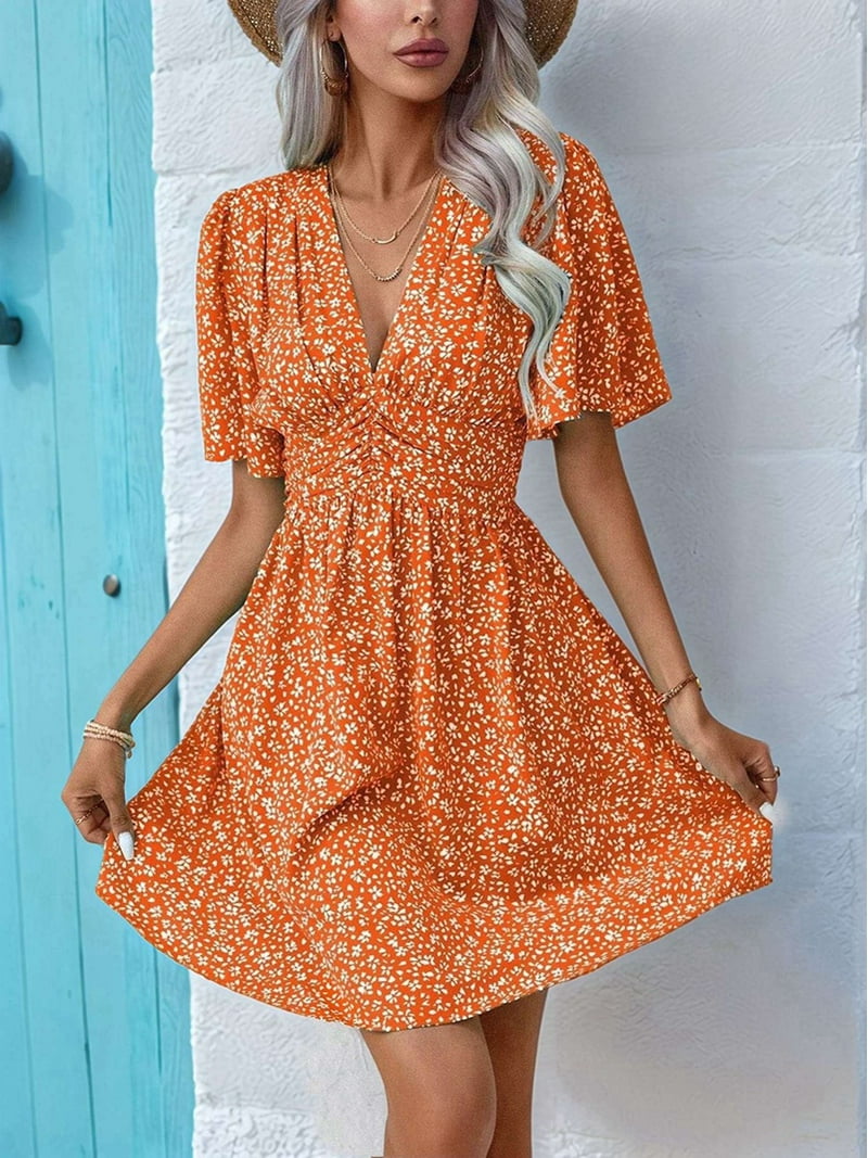 open lace back dress Orange Floral Printed Smocked Flutter Sleeve Midi Dress *FINAL SALE* – SSYS