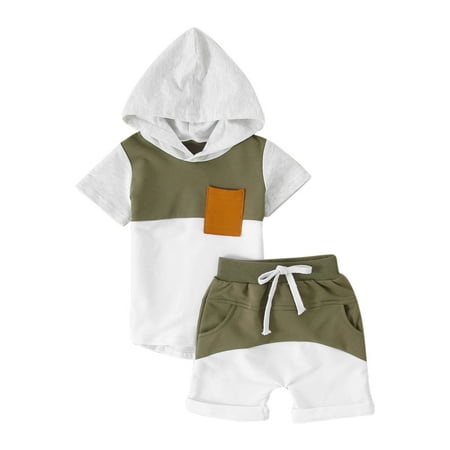 

Baby Clothes for Girls Summer Cozy Colored Patchwork Crew Neck Hooded Short Sleeved Tops Shorts 2Pc Baby Boy Outfit Set
