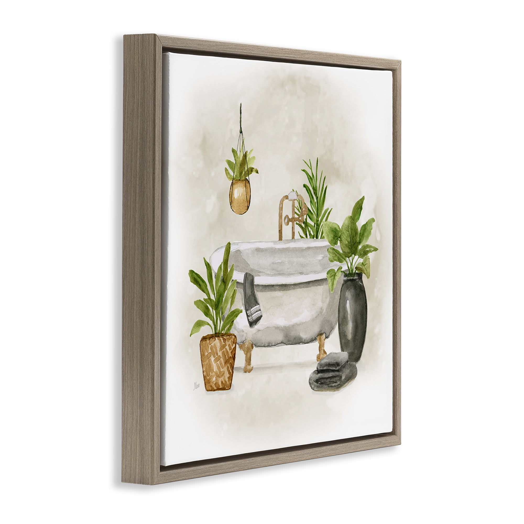 Stupell Industries Bathroom with Plants Bath & Laundry Painting Brown Floater Framed Canvas Art Print Wall Art, 25 x 25