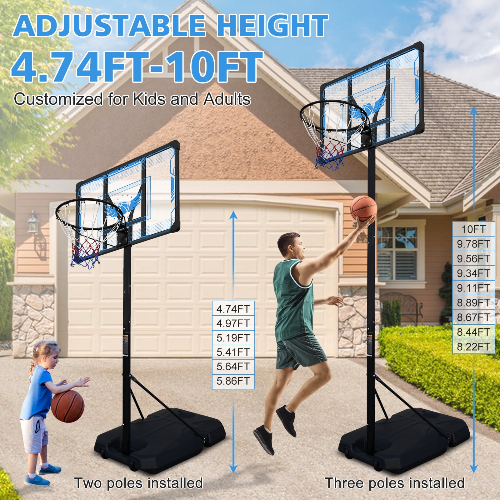 Basketball Hoop Adjustable Height 4.74-10 Ft, Portable Basketball Stand for Outdoor&Indoor
