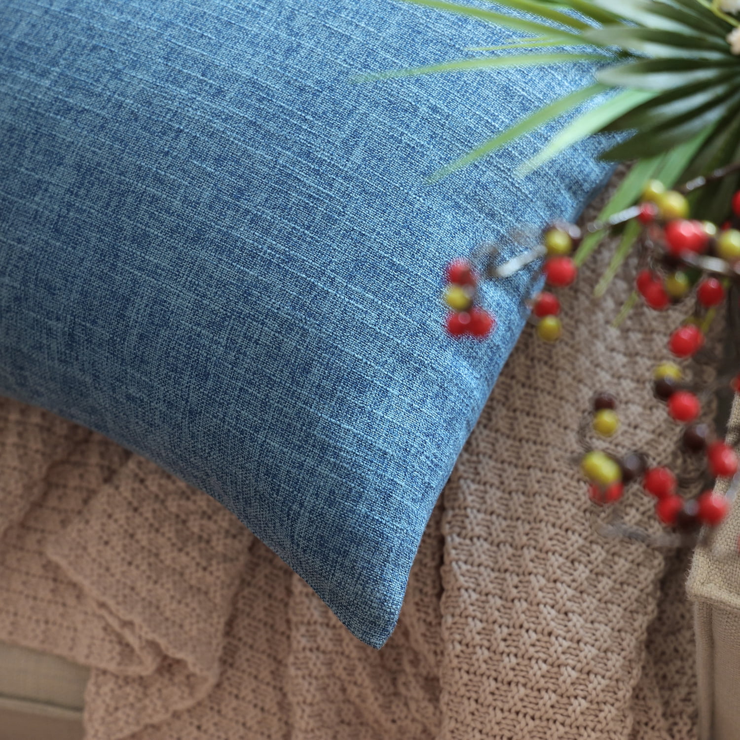 Phantoscope Textural Faux Linen Series Decorative Throw Pillow, 22" x 22", Blue, 1 Pack