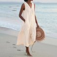 thumbnail image 1 of CHUANK Robes pour Femmes en Liquidation à Moins de 5,00 $ Robe Maxi Blanche pour Femmes Uni Col en V Sans Manches Robe à Boutons Coton Lin Longues Robes d'Été pour Femmes, 1 of 5