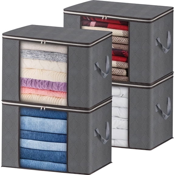 AIOR 4 Pack Large Capacity Storage Bag, 90L Foldable Clothes Storage Bins, Eco-Friendly Organizing Bin for Clothes, Blanket, Comforters, Bed Sheets, Pillows and Toys (Gray)