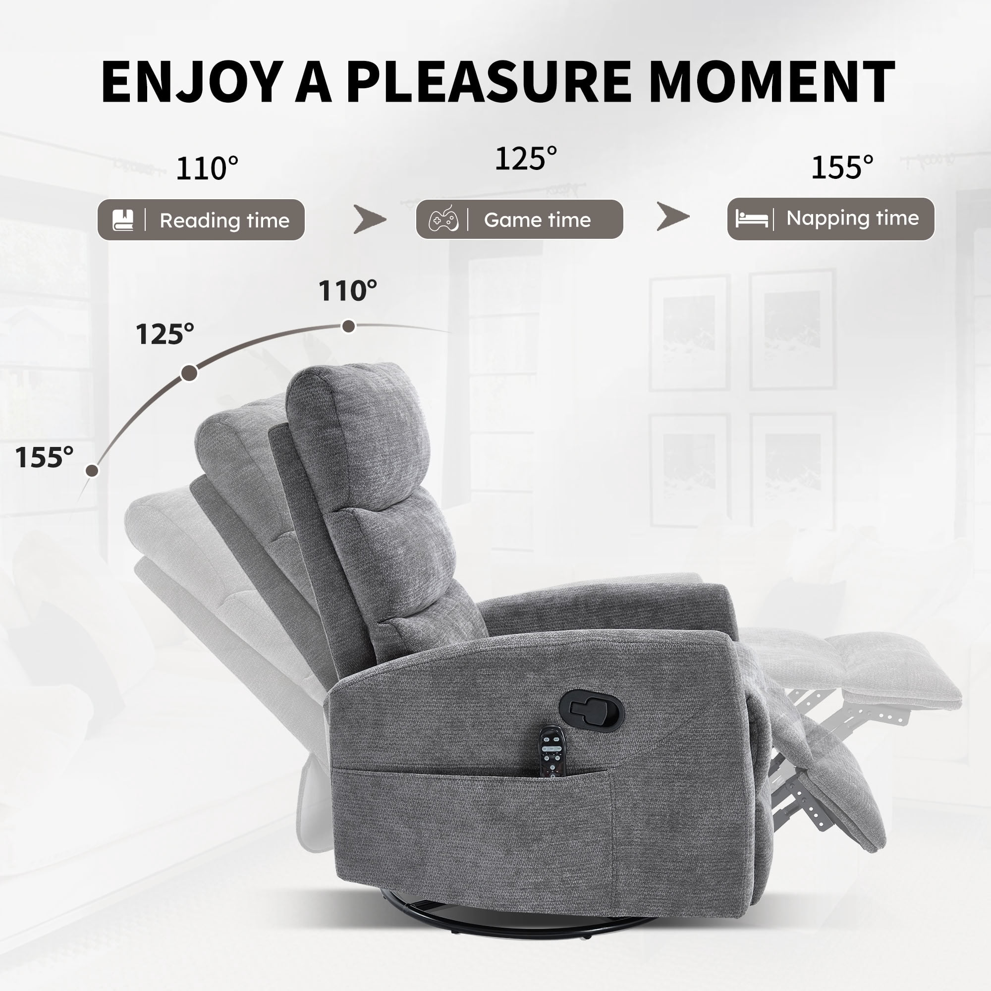 MAYEERTY 360 Degree Swivel Rocker Recliner Chair, Manual Recline Glider Chair with 8-Point Vibration Massage & Lumbar Heat, for Living Room Nursery Bedroom