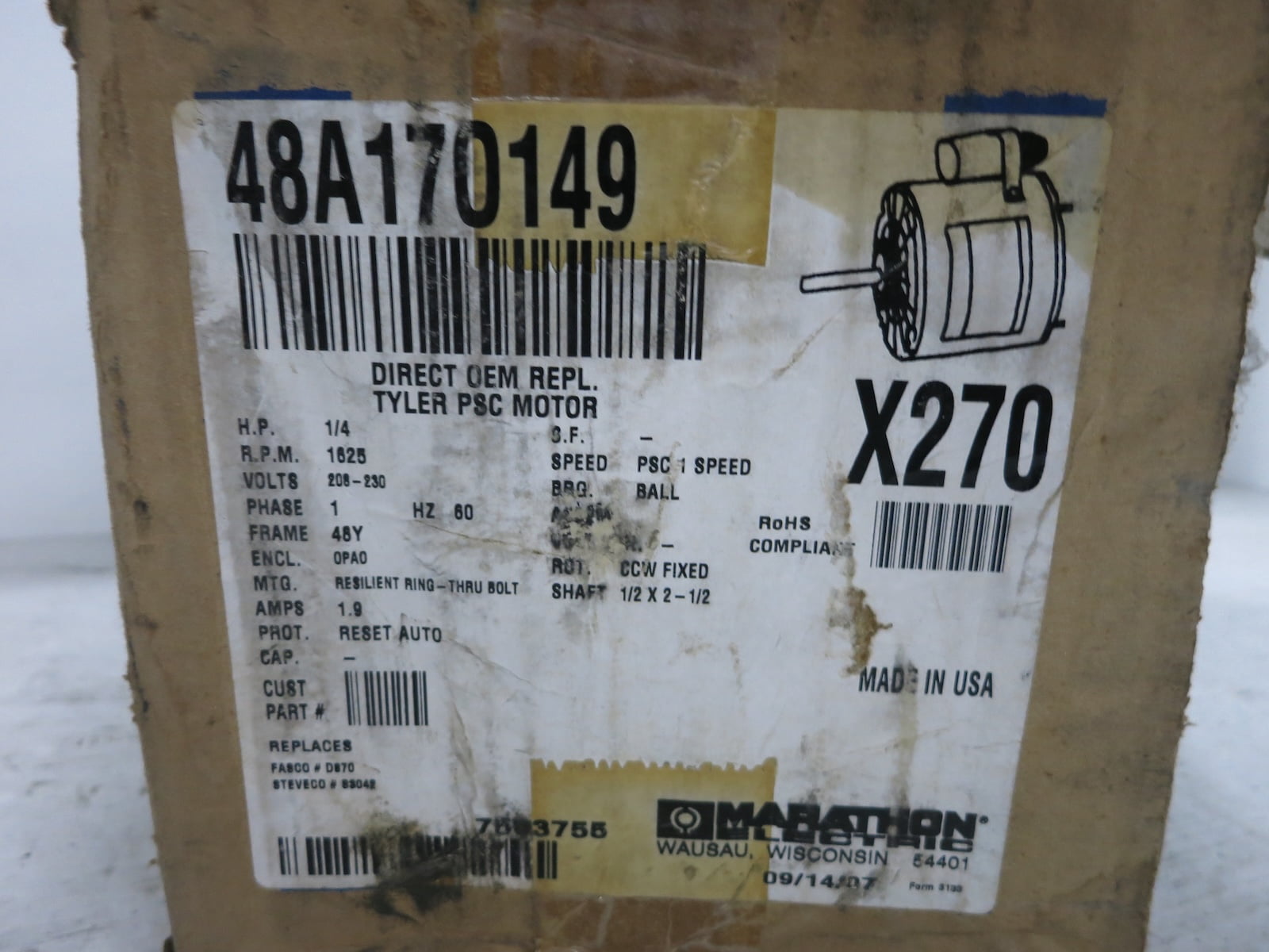NEW Marathon X270 1/4 HP AC Motor 208-230V 1625 RPM 48Y EWK SC 48A170149 NIB