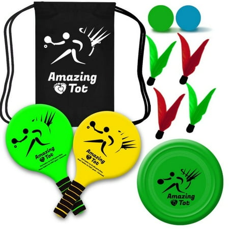Yard Balls Paddle Ball Game For Teens Adults - Indoor Outdoor Toy, Play at the Beach, Yard, Backyard or Lawn, 2 Wooden Racquets, 4 Shuttlecocks, 1 Frisbee, 2 Balls with Carry Bag, Fun Gadgets for entire family ()