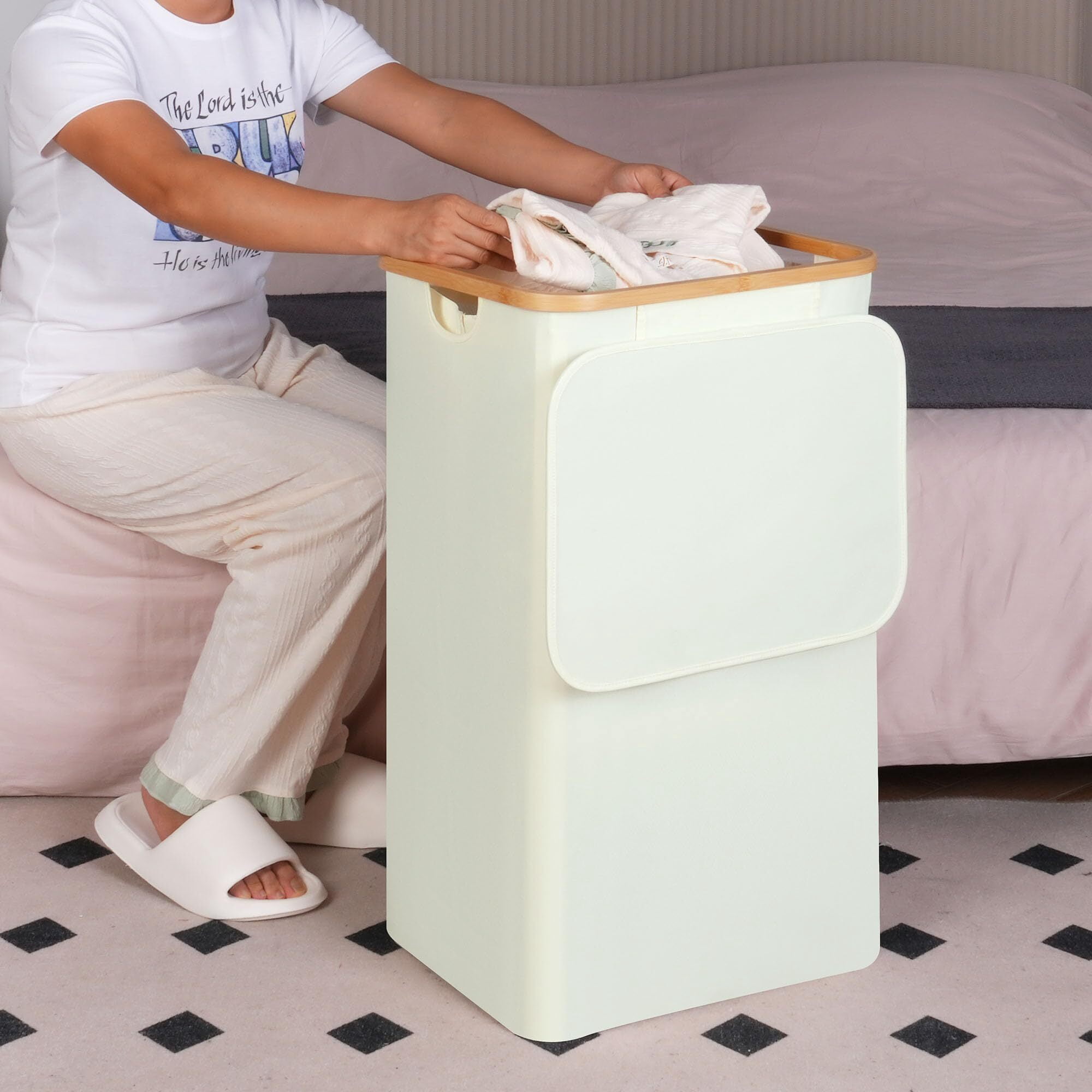 Efluky Laundry Hamper with Lid, 100L Tall Laundry Basket with Bamboo Handles for Clothes and Toys, Collapsible Laundry Hamper with Inner Bag for Bedroom and Bathroom, Beige
