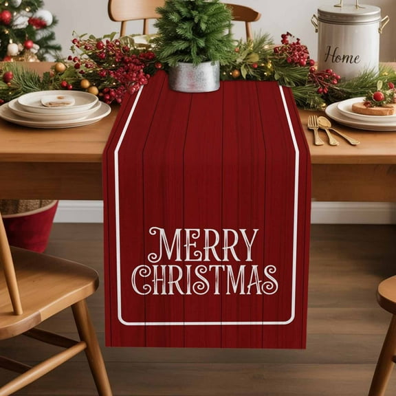 Burlap Table Runner 36 Inches Long,Merry Christmas Farmhouse Plank Non-Slip Kitchen Table Runners for Dining Room Everyday Use Party Table Decorations Vintage Red Wood Grain