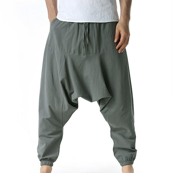 OWMEOT Men's Cotton Linen Harem Pants Loose Drop Crotch Trousers Aladdin Hippie Pants Casual Fashion Streetwear