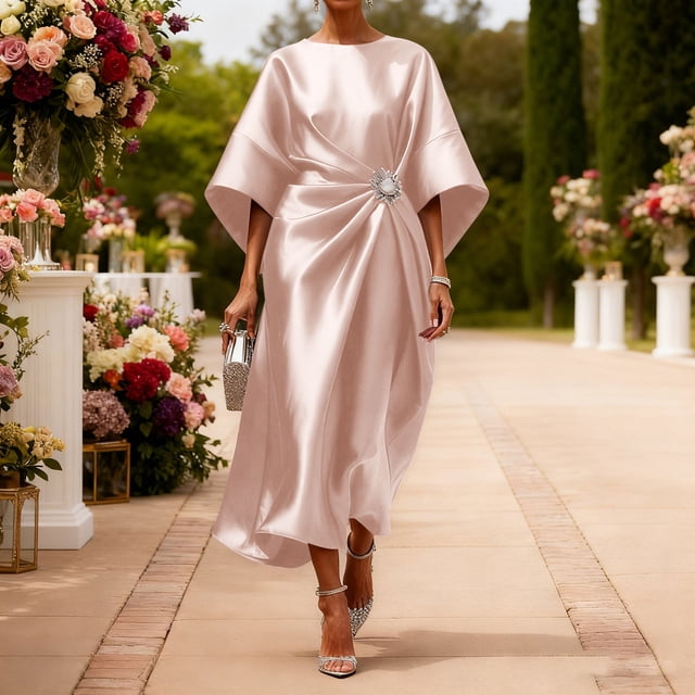 Mceream Robe Maxi en Satin à Manches Chauve-Souris pour Femmes Col Rond Taille Froncée Mariage Cocktail Soirée Formelle Grande Taille Rose TP