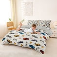 thumbnail image 2 of Castle Fairy Seamless Race Car Duvet Cover Set for Teens, Checkered Trophy Print Bedding Full for Boys Bedroom, Blue Red,Grey Reversible,3pcs,No Comforter, 2 of 6