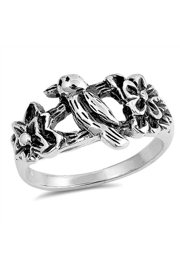 Oxidized Hummingbird Bird Flower Tree Ring .925 Sterling Silver Band Jewelry Female Male Size 10
