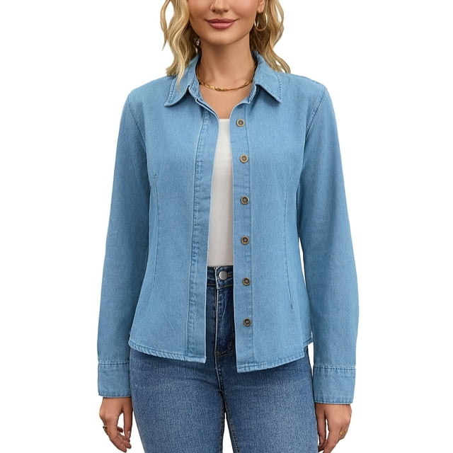 Camisa de mezclilla para mujer INSPIRE CHIC de manga larga, atuendos de primavera, camisa de botones vaquera, top L azul