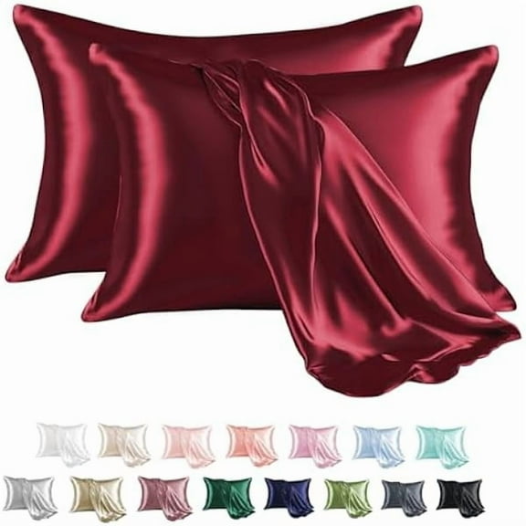 Pillow Cover Satin Pillowcase for Hair and Skin, Silk Satin Pillowcase 2 Pack, Standard Size Pillow Cases Set of 2, Silky Pillow Cover with Envelope Closure (20x26, Burgundy)