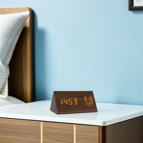 WORGEOUS Digital Alarm Clock Voice Control Wooden Alarm Clocks LED Smart Desk Clock with Humidity and Temperature Display for Bedroom