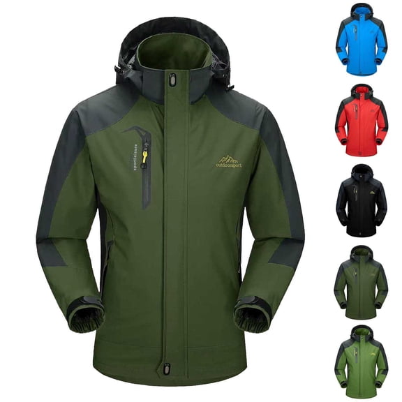 Outdoor Jackets for Men Color Blocked Fleece Detachable Hooded Zipper Outdoor Jacket with Multi Pockets Waterproof Lightweight Windbreaker For Hiking Cycling